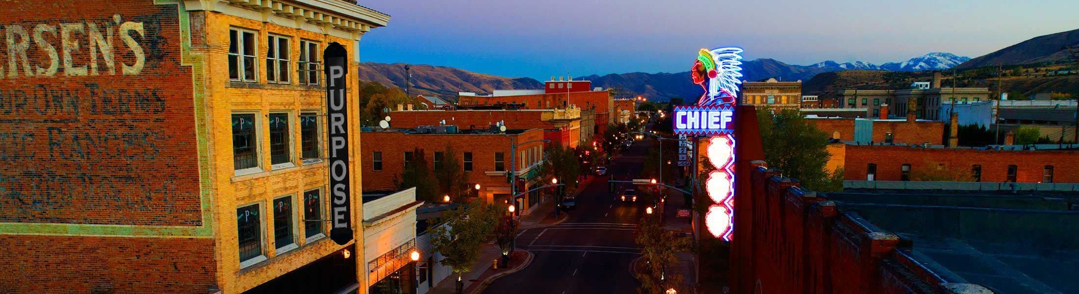 pocatello idaho charming downtown and neon logo signs as seen at dusk