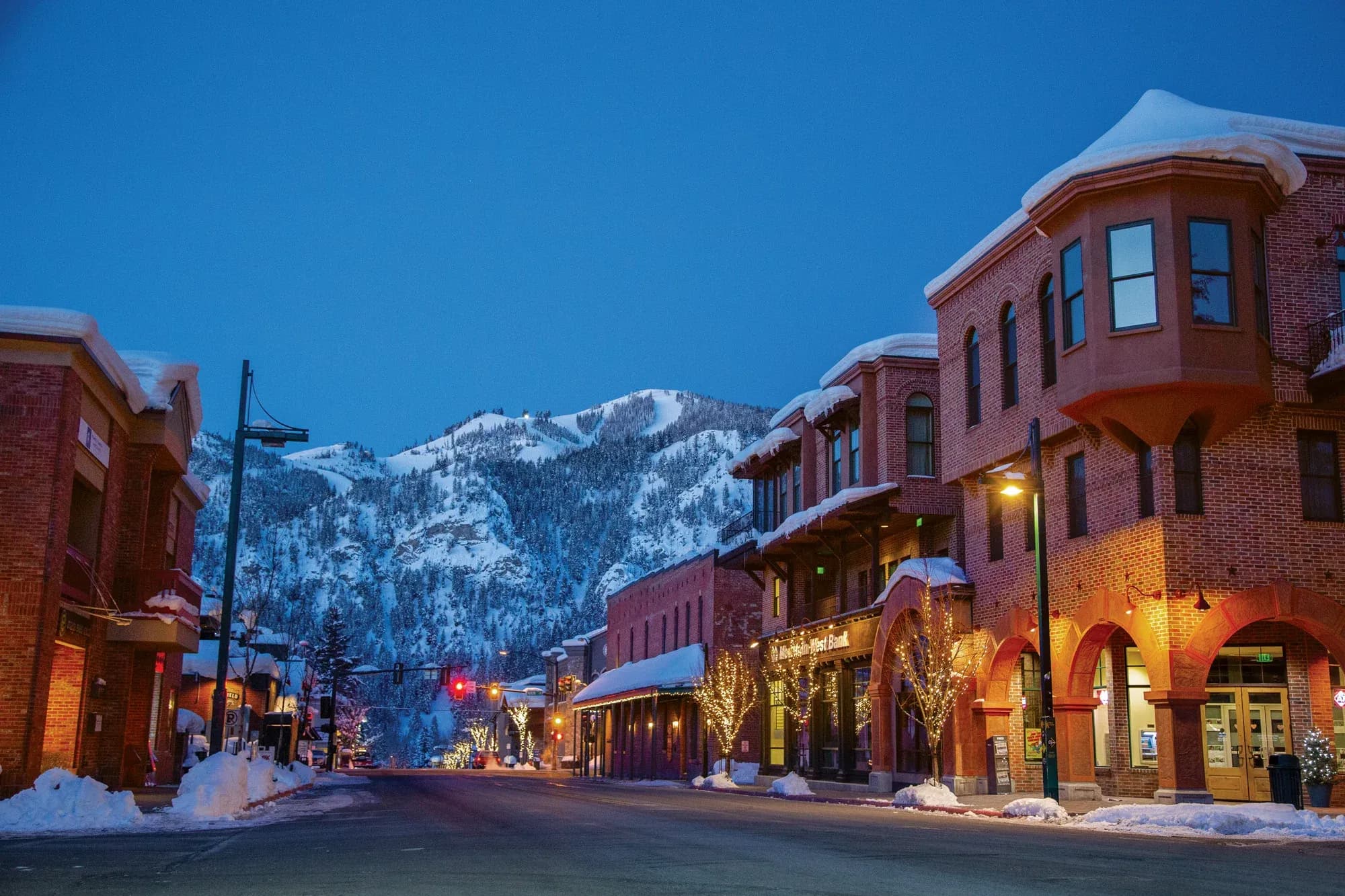 scenic kethcum idaho street and red brick building as seen at dusk